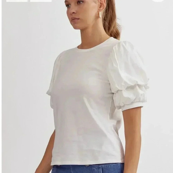 Entro‎ Off White Ruched Sleeve Crew Neck White Tee Sz S - Picture 2 of 14